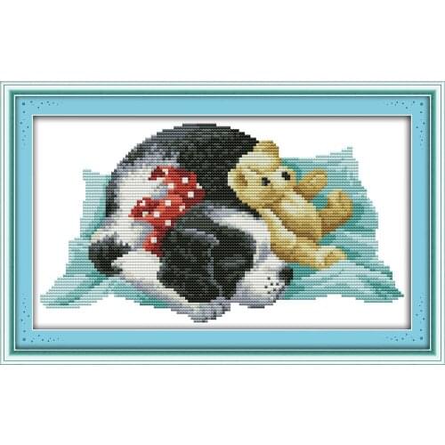 The dog and his doll cross stitch kit DMC color 14ct 11ct count print canvas stitches embroidery DIY handmade needlework