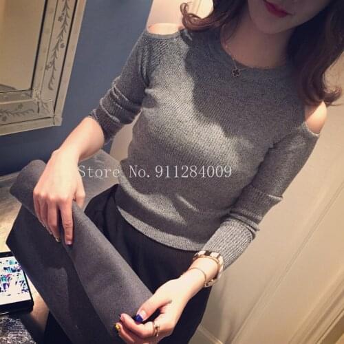 Low Roundneck Cold Shoulder Knitted Sweater Women Streetwear Autumn Winter Jumper Sexy Korean Pullover Sweater Plus Size