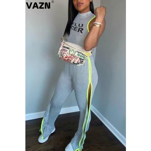 VAZN 2020 New High Quality Novelty Sexy Soft Free Letter Style Tracksuits Tank Sleeve Group Long Pants Slim Women 2 Piece Set