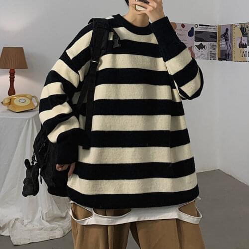 2021 Winter New Woman Casual Pullovers Mens Loose Stripe Sweaters Korean Streetwear Male Fashion Warm Clothing