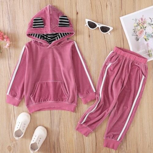PatPat 2-piece Baby / Toddler Striped Rabbit Ear Hoodie and Velvet Pants Set for Kids Clothing Sets