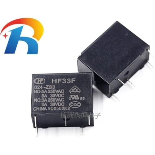 Free shipping 100pcs 5pin JZC-33F HF33F-005-ZS3 HF33F-012-ZS3 HF33F-024-ZS3 5V 12V 24V 3A 250VAC Relay