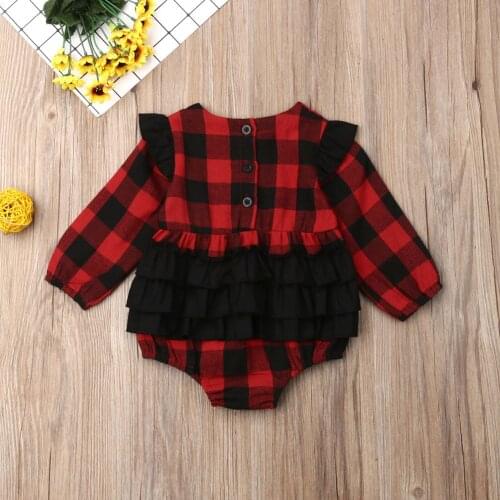 Christmas Romper Newborn Baby Kid Girl Clothes Long Sleeve Off Shoulder Red Plaid Jumpsuit Autumn Winter Xmas Outfits 0-18M