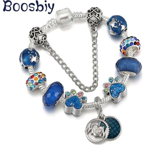 New Design Shinning Dog Paw Beads Charm Bracelet With Blue Mother Earth Pendant DIY Fashion Bracelet For Women Jewelry Gift