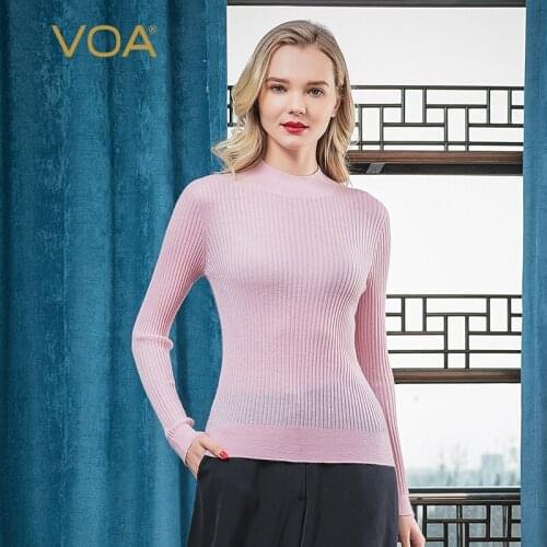 VOA pure cashmere 16-pin half high collar long sleeve classic striped thread high elastic slim cashmere sweater R56