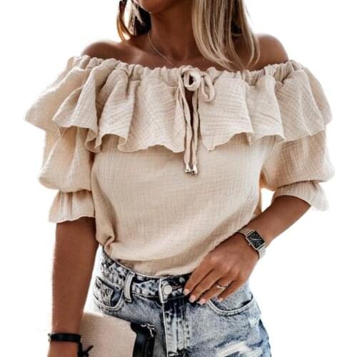 New Off Shoulder Tie-up Drawstring Blouse Women Summer Short Sleeve Ruffle Shirt 2021 Spring Solid Streetwear Top Pullover Blusa