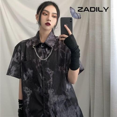 Zadily Street Style Short Sleeve Tie Dye Printed Shirt Women Hip Hop Oversize Button Up Ladies Blouse 2021 Summer Gothic Tops
