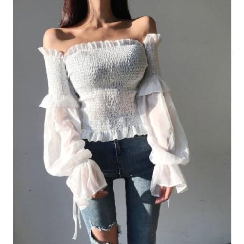 Sexy Off Shoulder Summer Blouse Women Spring Puff Sleeve Pleated Lace Up Casual Shirt Slim Solid Ladies Corset Tops Blouse 12813