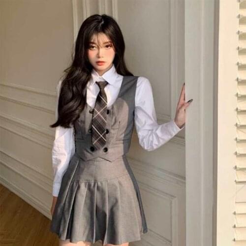 Women Japanese Fashion Kawaii Jk Uniform School Girls Outfit 2021 New Casual Vest Jacket Tie Pleated Skirt Modern Ladies Dress