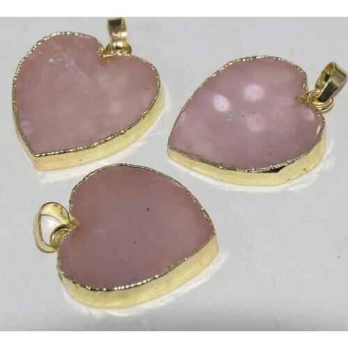 Rose Crystal Quartz Stone Heart Pendant natural 2021 women pink Big Gold Bezel slice aura jewelry polish femme accessaries new
