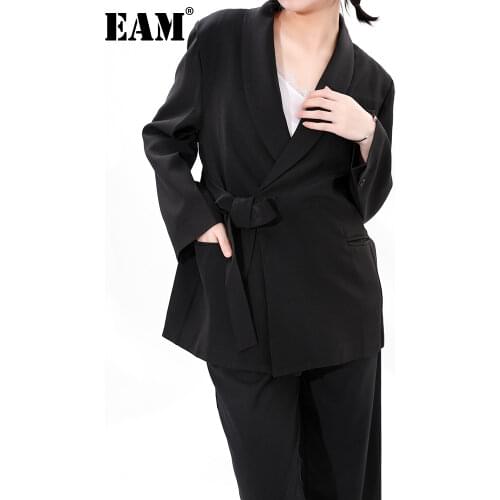 [EAM] Women Bandage Big Size Black Blazer New Lapel Long Sleeve Loose Fit Jacket Fashion Tide Spring Autumn 2021 1X78601