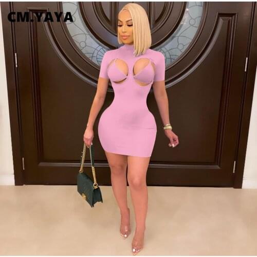 CM.YAYA Women Dress Set Hollow Out Half High Collar Short Sleeve Sheath Elastic Mini Dress 2 Piece Set Sexy Casual Outfits 2021