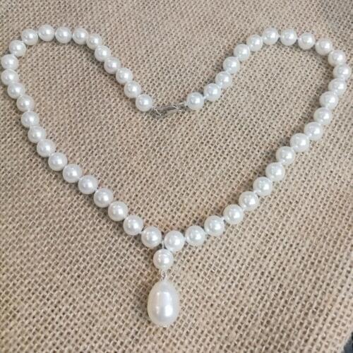 Woman jewelry necklace 10mm round ball bead Bright white Natural SOUTH SEA SHELL PEARL 15mm pendant NECKLACE 18'' 45cm