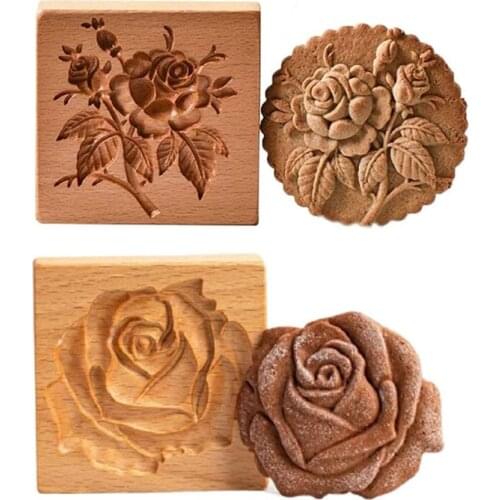 1pcs Wooden Cookie Mould 3D Roses Embossing Mould Biscuit Cake Decoration Baking Reusable Cookie Cutter Kitchen Accessories