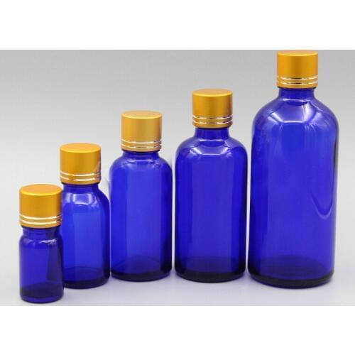 2/10pcs 5ml 10ml 15ml 20ml 30ml 50ml 100ml Empty Blue Glass Perfum Essential Oil Bottles with gold tangent aluminum cover cap