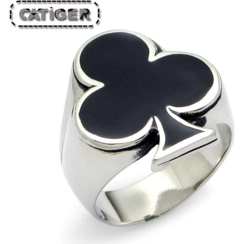 Free Shipping Punk 316L Stainless Steel Silver color Black Enamel Poker Club Ring Jewelry