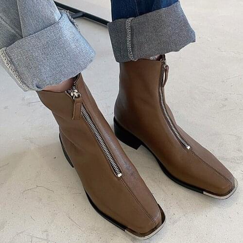 Handmade Genuine Leather Sheepskin Front Zip Ankle Boots Metal Decor Square Toe Stylish Short Boots Autumn Winter Women Shoes