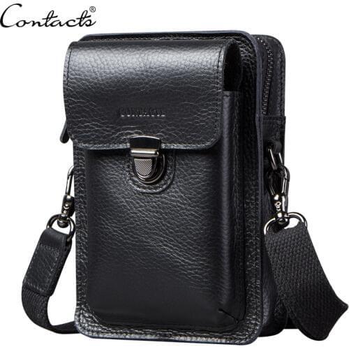 CONTACTS genuine leather waist bag for men cell phone bags pouch with card holders male shoulder bag travel waist pack hip bag
