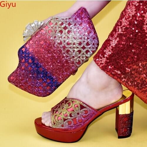 Doershow latest Matching Women Shoe and Bag Set Decorated red Nigerian Shoes and Bag Set Italy Shoes and Bag set !HMN1-5