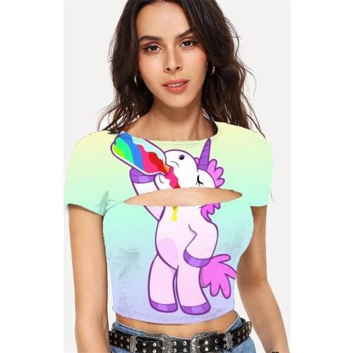 Somepet Unicorn T-shirt Women Animal T-shirts 3d Rainbow Hollow Out T shirts Flame Tshirts Casual Hip Hop Shirt Print