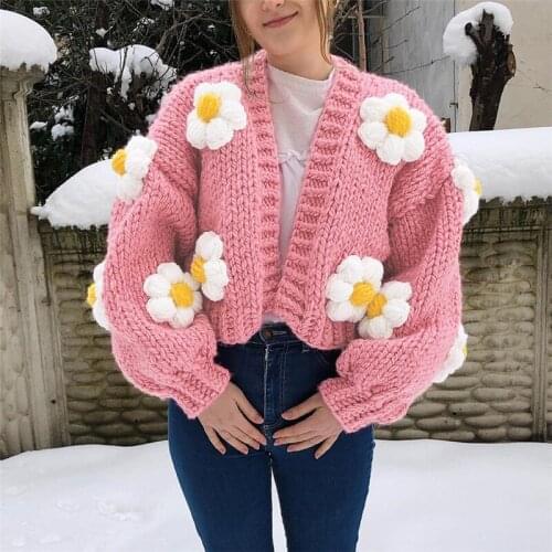 2021 Knitted Sweater Cardigan Women Casual Long Vneck Lantern Sleeve Cardigan Floral Top Fashion Loose Pink Knitted Sweater Coat