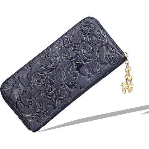 Dark Blue Real Genuine Leather Zipper Long Wallet Women Coin Purse Clutch Card Holder Phone bag billetera portefeuille femme