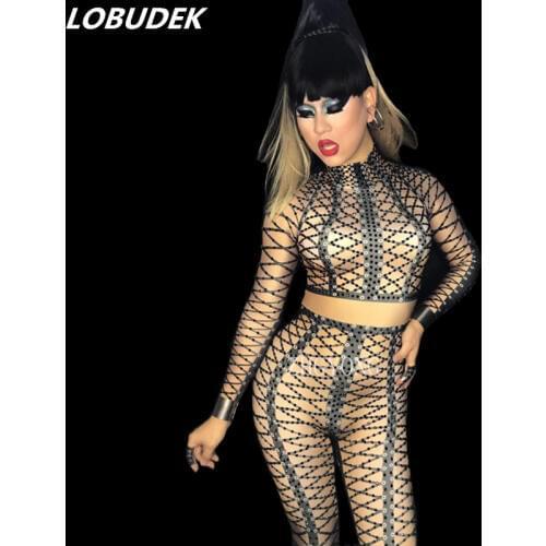 European American style Female singer Dancer Bar stage Costume DJ DS performance stage wear Black Crystals Sexy Bandage Jumpsuit