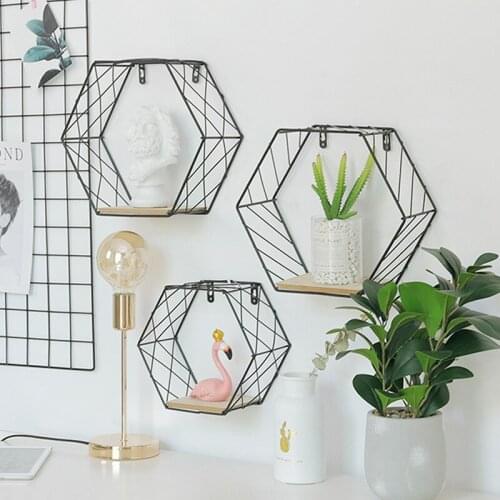 Creative European wrought iron hexagonal storage rack home living room bedroom wall storage geometric wall decoration