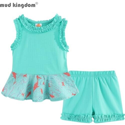 Mudkingdom Girls Outfits Ruffled Sleeveless Cartoon Print Summer Solid Shorts Clothes Set