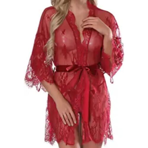 M-2XL Womens Lace Kimono Floral Robe Sheer Gauze Lingerie Mesh Chemise Red Black Nighty