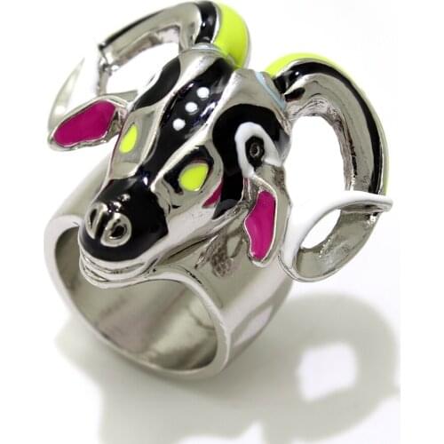 Trendy Design Fashion Jewelry Punk Colorful Glaze Goat Rings For Women Trendy Rock Vintage Silver Color Lovely Animal Ring Girl