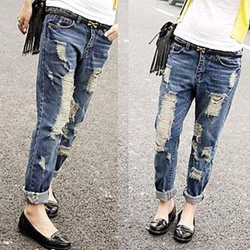 2018 new arrival fashion women ripped jeans free shipping personality hole jeans ladies pant dark blue Straight leg pants SX0453