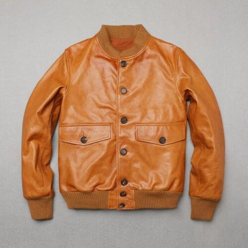 Mens Genuine Sheepskin Leather Jacket Baseball Uniform Leather Sheepskin Retro Motorcycle Baseball Uniform