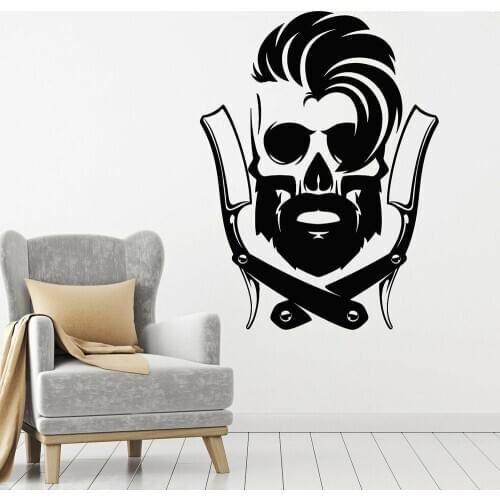 Barber Tools Decal Skull Barbershop Shaving Haircut Sign Vinyl Wall Stickers Window Decoration Modern Art Decals Wallpaper A594
