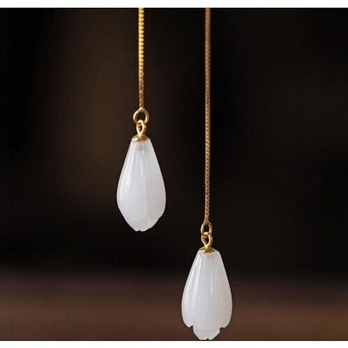 Natural Hotan jade long Magnolia ear line Chinese style retro small luxury exquisite womens Christmas Halloween Gift