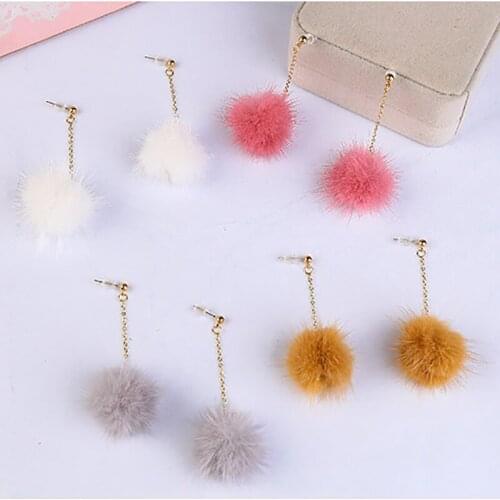 MISANANRYNE Cute Rabbit Fur Ball Long Drop Earrings Ear Clip for Women Unique Soft Dangle Earring Jewelry brinco bijoux
