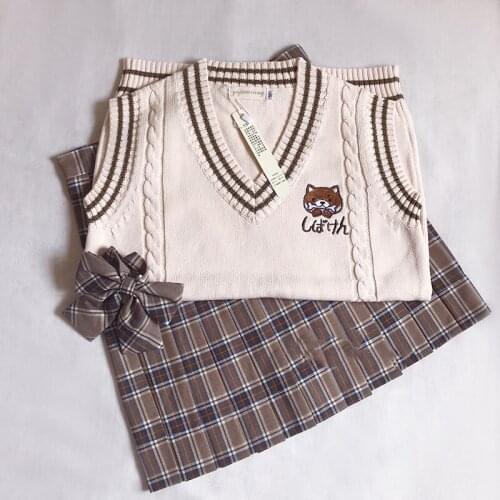 JK Sweater For Women College Style Dog Embroidery V-Neck Twist Knitted Women Vest Winter JK Uniform Style Sweater For Women