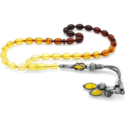 Tesbihane 1000 Sterling Kazaz Tassels Barley Cut Red-Yellow Drop Amber Prayer Beads