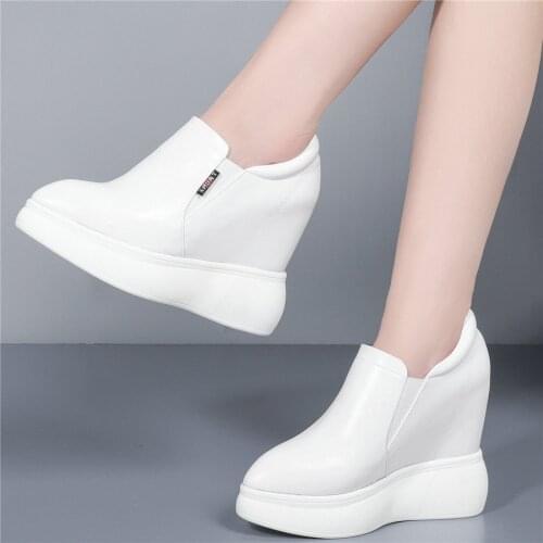 Fashion Sneakers Women Genuine Leather Wedges High Heel Ankle Boots Female Slip On Pointed Toe Platform Pumps Shoes Casual Shoes