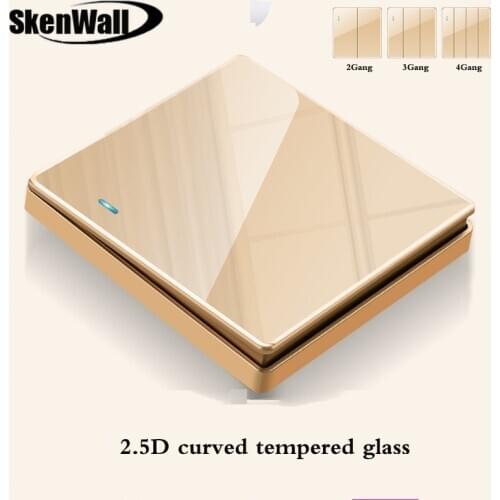 High-grade 1 2 3 4 gang 1 2 Way Big Panel Golden switch socket Type 86 Wall 2.5D Cambered Mirror Tempered glass Computer TV