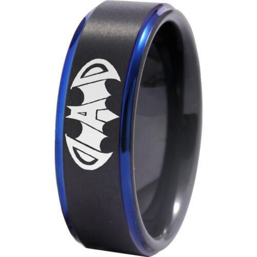 YGK Brand Wedding Jewelry Fathers Day Best Gift Tungsten Ring Black With Blue Tungsten Wedding Ring Super Dad Bat Design Ring