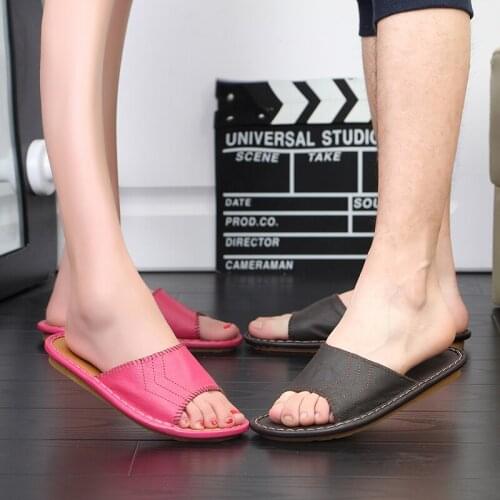 Womens Summer Genuine Leather Indoor Slippers Couples Soft Anti-Slip Household Shoes Casual Mens Home Slippers