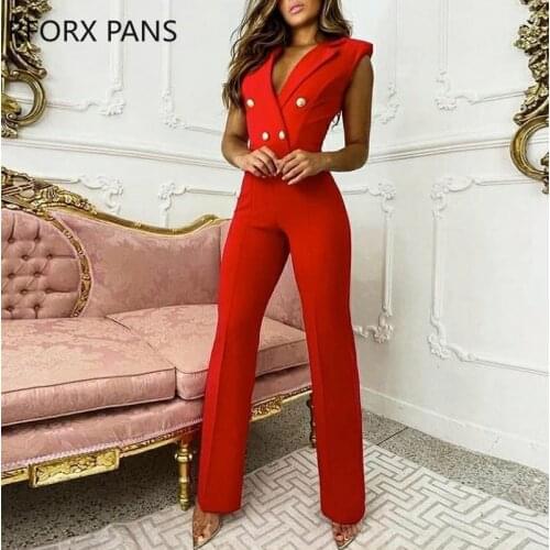 Women Solid Chic Deep V neck Button Casual Tank Sleeveness Blazer Straight Red Jumpsuit