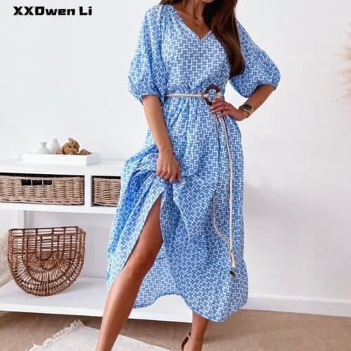 Women Plaid printing Vintage Half sleeve Belt maxi Dress summer V-neck Casual Loose red Dress Woman Lantern Sleeve Long Dress
