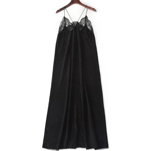 Ladies 100% Sillk Hollow Out Lace Patchwork V-neck Jacquard Irregular Strap Long Dress