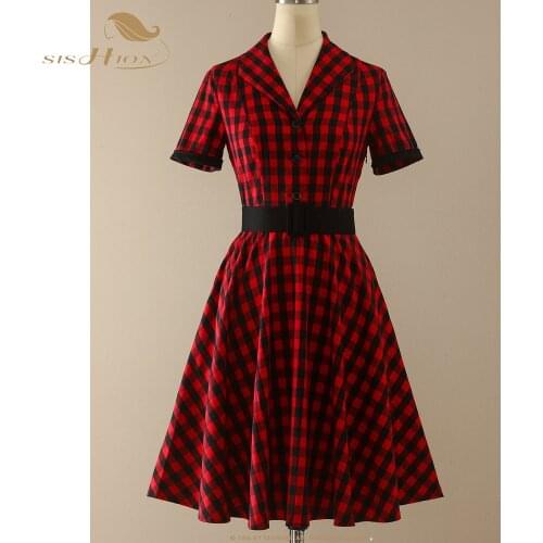 SISHION Elegant kerst Christmas Plaid Dresses for Women 2021 VD1645 Short Sleeve Cotton Swing Party Vintage Dress femme robe