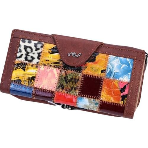 6PCS / LOT Long Genuine Leather Wallet Women Cowskin Bags Classic Patent Leather Ladies Clutch Purse Hasp Zipper Large Wallet