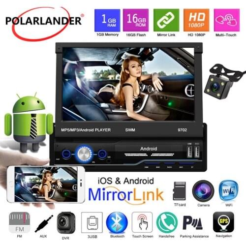 Car Radio 1 Din MP5 Player 7 Inch Bluetooth HD GPS Retractable Screen USB IOS Android 8.1 Rear View Camera Mirror Link FM Folded