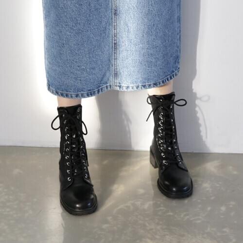 Boots Womens Ankle Boots Fashion Lace-up Classic Leather Black Round Head Thick Heel Fashion Boots Size 33-42