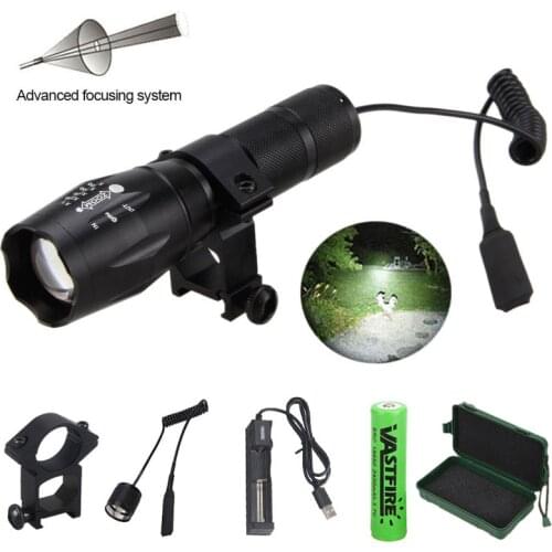 Zoomable Hunting Flashlight Tactical XML T6 White LED 5 Modes Hunting Torch with Scope Mount +18650 Battery+USB Charger